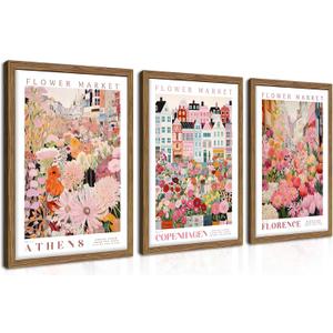 Floral Wall Art Set of 3, Colorful Flower Market Canvas Wall Decor Paintings, Pink Wildflower Botanical Posters Prints Pictures Artwork for Bedroom Living Room 16x24 Inch Wood Framed, 24L" x 16W"