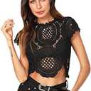 WDIRARA Women's See Through Mesh Lace Crop Top Crochet Short Sleeve Embroidered Tops L