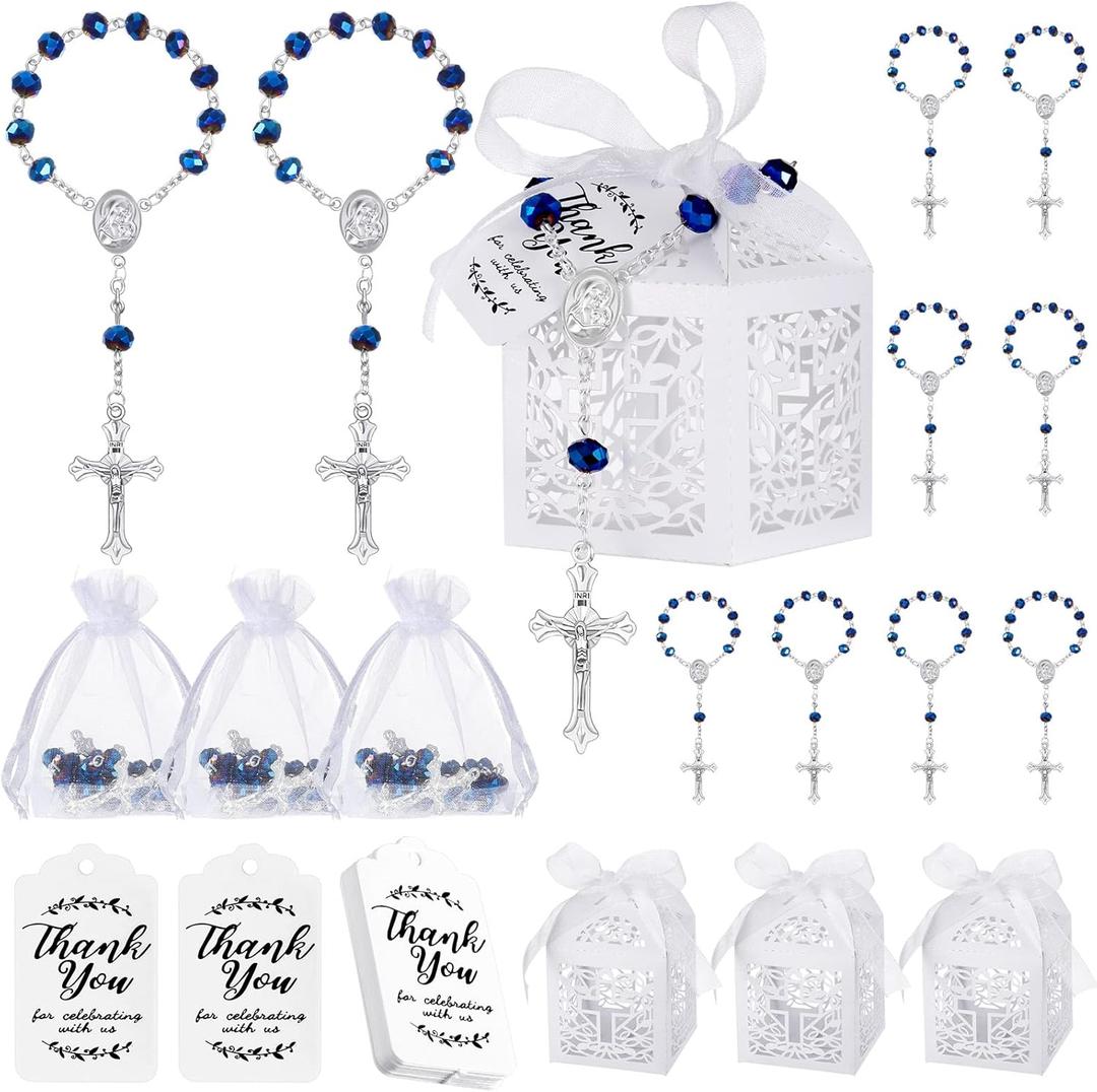Yinkin 100 Pcs Baptism Favors Set Including 25 Mini Rosary Baptism Favors 25 Organza Bags with Drawstring 25 Thank Kraft Tags 25 Boxes for Christening Party Wedding Supplies Gifts (Blue)