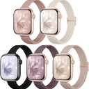 5 Pack Slim Braided Stretchy Bands Compatible with Apple Watch Band 40mm 41mm 42mm 38mm 44mm 45mm 46mm 49mm Women Men, Thin Elastic Nylon Solo Loop Straps for iWatch Series 10 9 8 7 6 5 4 3 11 SE 2/1 (Black/Starlight/Pink/SmokePurple/MilkTea)