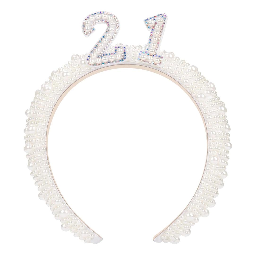 Etercycle 21st Pearl Headband, Birthday Decorations Hairband, White Happy Birthday Head Band 21st Gifts For Her