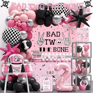 Bad Two the Bone Party Decorations for Girl  141 PCS Bad 2 the Bone Party Supplies Includes Balloons, Tablecloth, Banner, Cake Topper, Poster, Crown for Girl 2nd Birthday