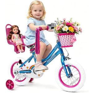 WinHope Fairy Girls Bike with Doll Seat, 12-20 Inch Kids Bike for Ages 2-12Dual Brake with Training Wheels / Kickstand & Streamers Birthday Gift for Toddler Outdoor Riding, Multiple Colors