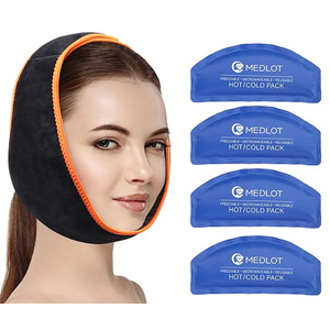 MedLot Face Ice Pack Wrap for TMJ, Wisdom Teeth, with 4 Reusable Hot Cold Therapy Gel Packs, Pain Relief for Head, Oral and Facial Surgery, Dental Implants, Blue