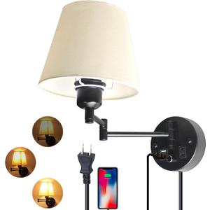 Wall Lamp Plug in with USB and 2 Pin Socket,Wall Mount Lights That Plug in Cord and Switch,Wall Mount Lights for Bedroom Reading Lamps,Nightstand(Bulbs Not Included) (1 Pack)