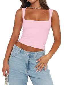 Chifeey Womens Sexy Crop Top Summer 2025 Square Neck Sleeveless Double Layer Going Out Tank Tops (Light Pink, M)