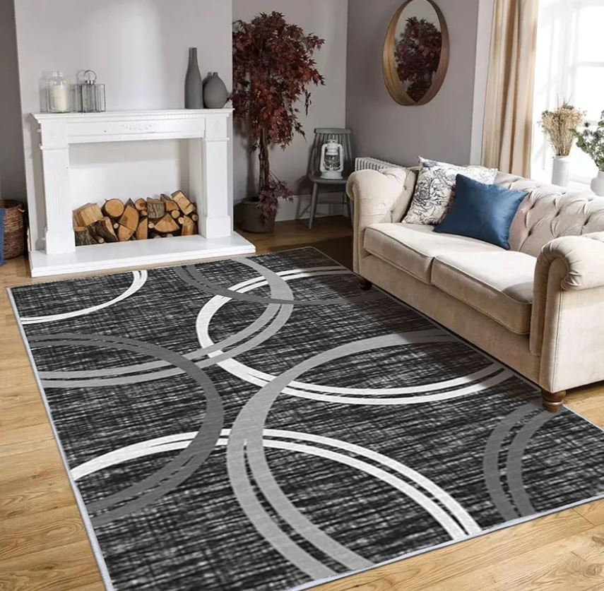 Abstract Black White Area Rugs for Living Room, 4x6 Feet Soft Faux Wool Carpet with Modern Circles Line Design for Bedroom, Machine Washable Non-Slip Wool Rugs 4'x6'