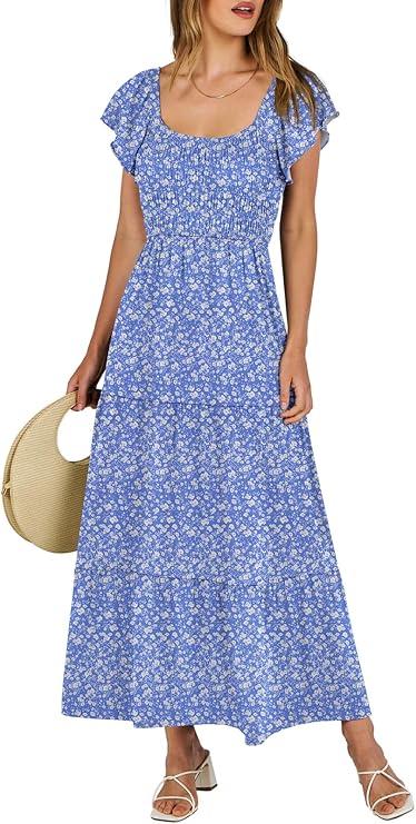 ANRABESS Womens Casual Summer Maxi Dress Flutter Short Sleeve Scoop Neck Smocked A Line Flowy Beach Vacation Long Dresses L