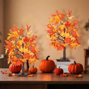 2Pack 24 Inch Fall Thanksgiving Decorations Maple Trees, Lighted Artificial Fall Tree with Lights, Thanksgiving Table Centerpieces Decoration Friendsgiving Decor for Home Office Indoor