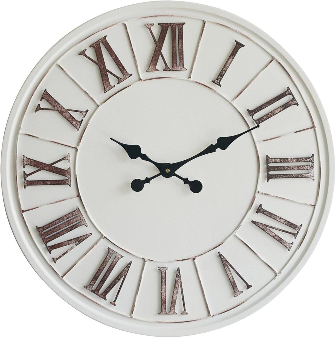 Large Farmhouse Wall Clock - 24 inch, Rustic White, Distressed Roman Numeral, Metal Face, Battery Operated, Modern Farmhouse Decorative Wall Clock for Living Room Decor