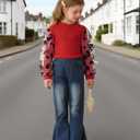 Kucnuzki Toddler Girl Clothes Cute Kids Clothes Long Sleeve Shirts Top Bell Bottom Denim Jeans Pants 2 Piece Matching Outfits (4-5T, Red)