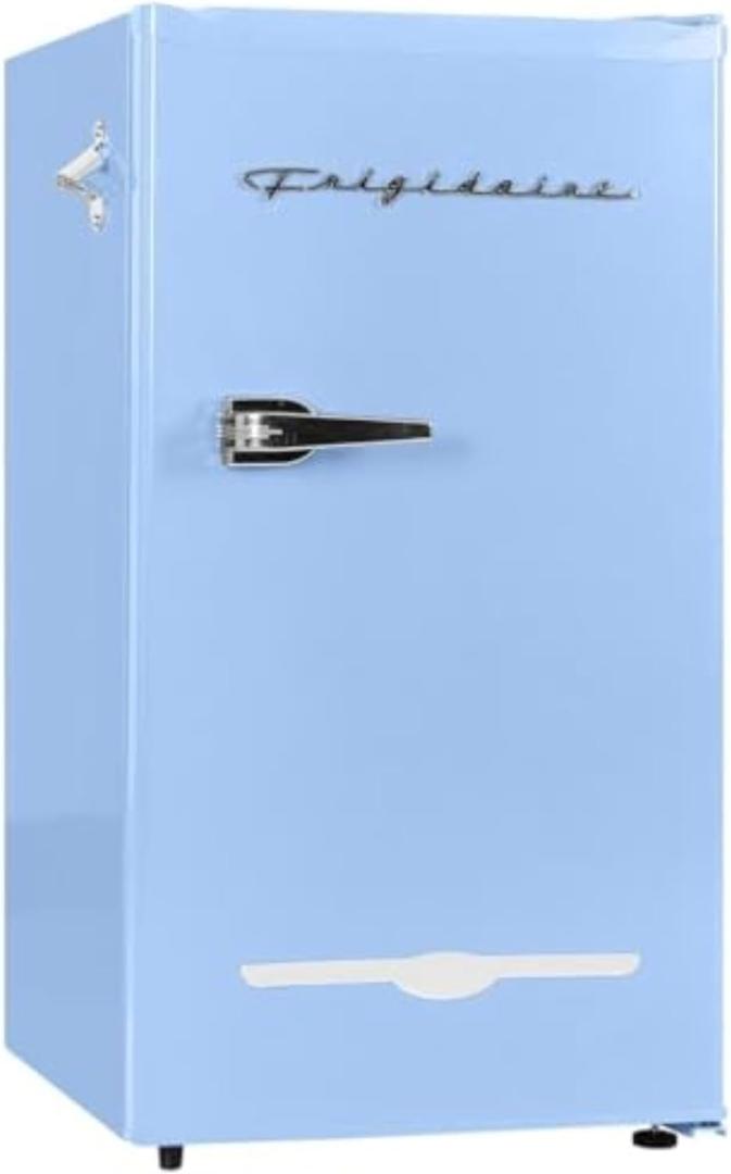 Frigidaire Retro Compact Fridge with Chiller, 3.2 cu ft Countertop Fridge with Built-In Bottle Opener, Compact Refrigerator for Office, Bedroom, Dorm Room or Cabin - 16.5" D x 19" W x 31" H (Blue)