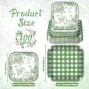 Havawish 100 Pcs Green Flower Paper Plates Set, 7 in 9 in Sage Green Chinoiserie Gingham Vintage Floral Square Disposable Plate Dinnerware for Tea Garden Wedding Party Birthday Baby Shower Supplies