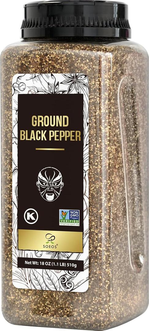 Soeos Table Ground Black Pepper, 18 oz (510g) Non-GMO, Freshly Peppercorn Powder Bulk, Packed to Keep Peppers Fresh, Ready to Use Peppercorns for Refill, Regular (EXP 01/15/27)