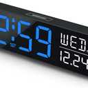 Peakeep Large Display Digital Alarm Clock for Bedrooms, Date Day of Week Calendar Desk Table Clocks for Living Room Office, Dimmable Plug in Electric Clock, 5 Volumes, Loud, Auto DST (Blue and White)