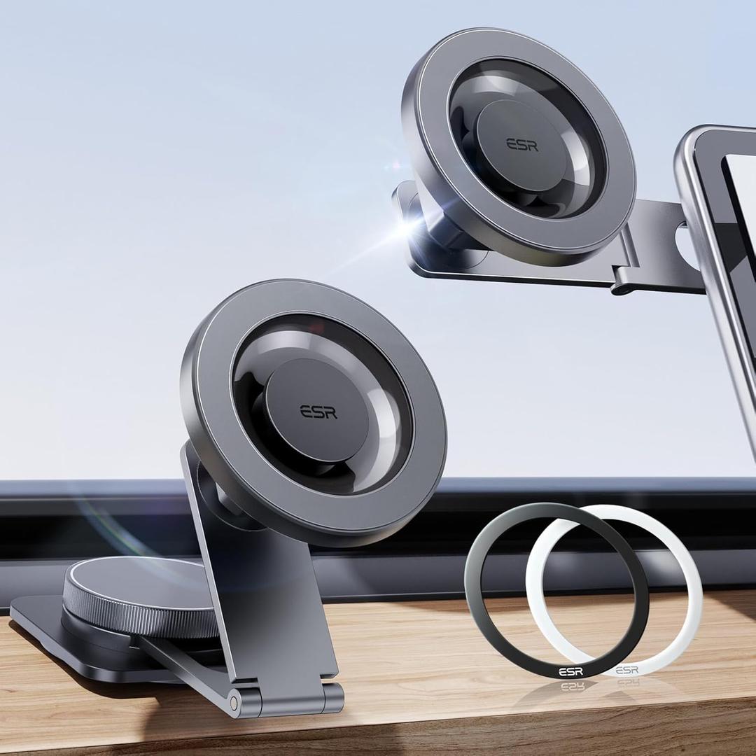 ESR for MagSafe Car Mount, Car Phone Holder, Tesla Touchscreen Car Mount, Magnetic Phone Holder for Car, for iPhone 17/16/16e/15/14/13/12, S25, Pixel 10, Charging Not Supported(2 Metal Rings Included)