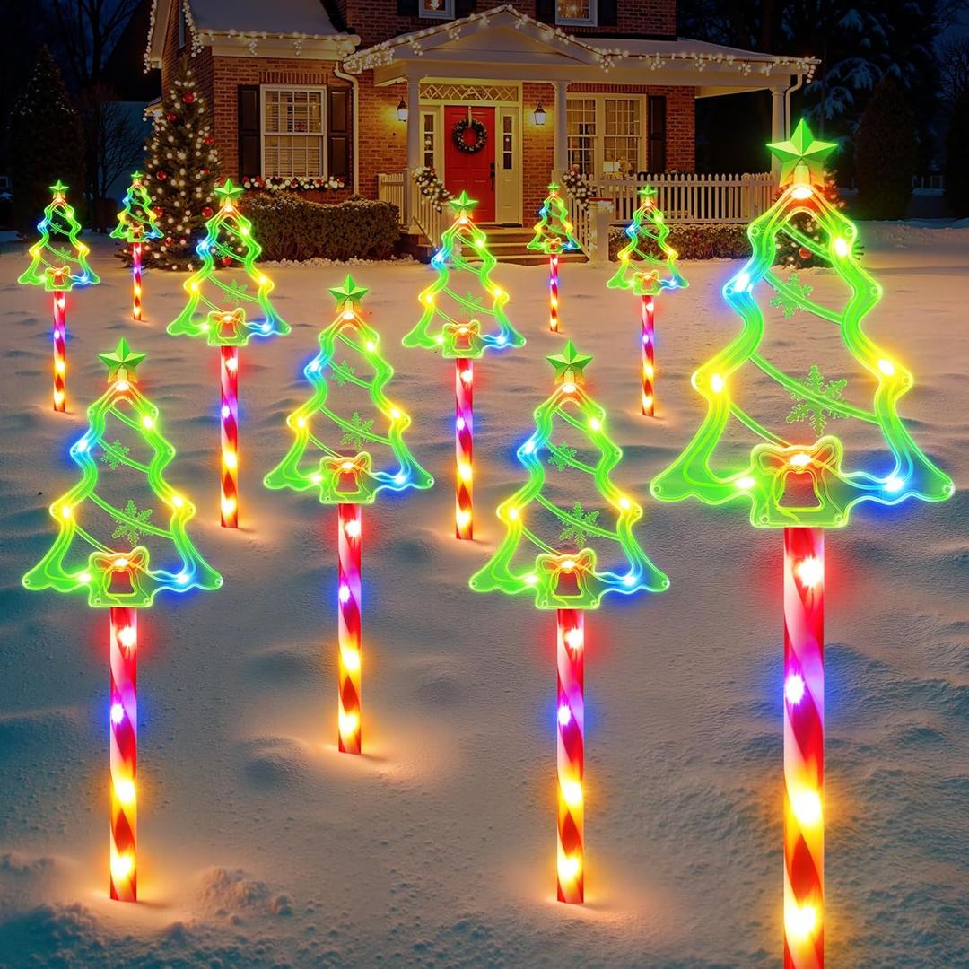 WdtPro Solar Christmas Pathway Lights Outdoor Decorations, 10 Pack Xmas Tree Candy Lights for Yard Walkway Lawn Porch, 10 Modes Led Waterproof Garden Patio Stake Lights Holiday Decor