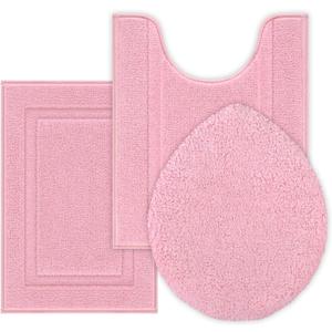 SHACOS 3 Pieces Bath Rugs Set with Toilet Lid Cover Soft Absorbent Bath Mats U Shape Contour Rug Toilet Cover Absorbent Non Slip Machine Washable Plush Bathroom Rug (Pink)