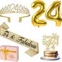24th Birthday Decorations for Women Gold with 24th Birthday Sash and Tiara, Cake Topper and Candles, Number Balloons Gold, 24 Year Old Gifts for Women