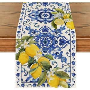 Artoid Mode Lemon Blue and White Porcelain 210 GSM Summer Table Runner, Seasonal Spring Kitchen Dining Table Decoration for Home Party Decor 13x120 Inch