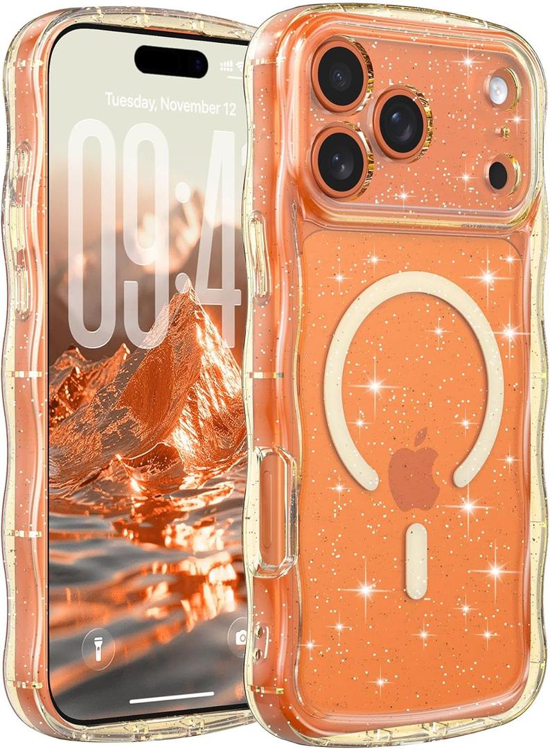 FABSPARK Case for iPhone 17 Pro Max,Compatible with MagSafe,Magnetic Clear Curly Wavy Frame Wave Case with Sparkly Bling Glitter,Transparent Acrylic Hard PC for iPhone 17 Pro Max,Glitter Clear Yellow