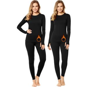 Patelai 2 Pack Womens Thermal Underwear Fleece Lined Base Layer Set Long Sleeves Cold Weather Top Bottom Winter Pajama Set (Medium, Black)