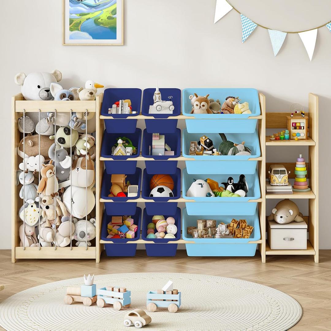 EXPERLAM 3-in-1 Toy Storage Organizer, Stuffed Animal Holder & 3-Tier Bookcase, Solid Wood Toy Organizer with 12 Storage Bins, Space-Saving Toy & Book Shelf for Kids Rooms, Bedroom, Playroom, Blue, Large