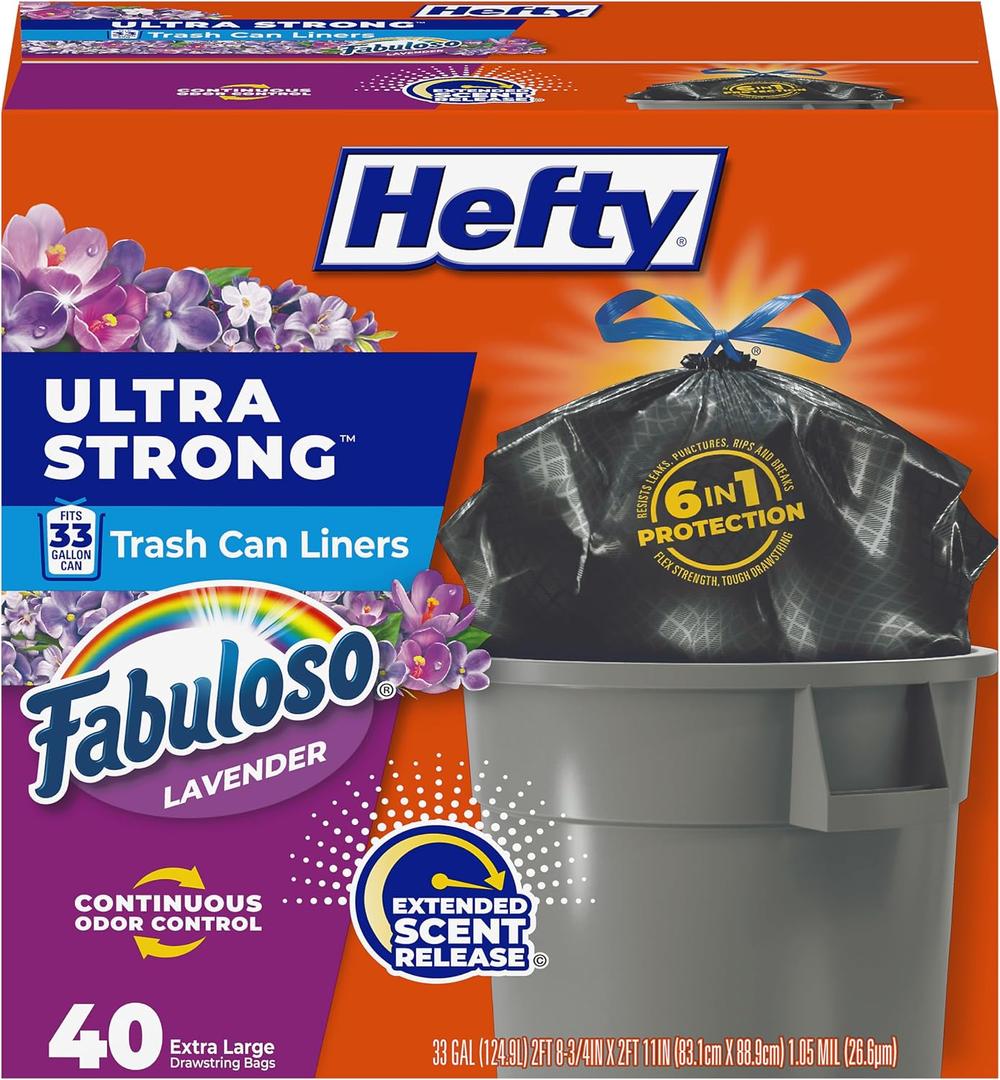 Hefty Ultra Strong 33 Gallon Trash Bags, Large Trash Bags Size, Trash Can Liners, Break Resistant Drawstring Closure, Resists Leaks, Punctures, and Tears, Black, Fabuloso Lavender Scent, 40 Bags