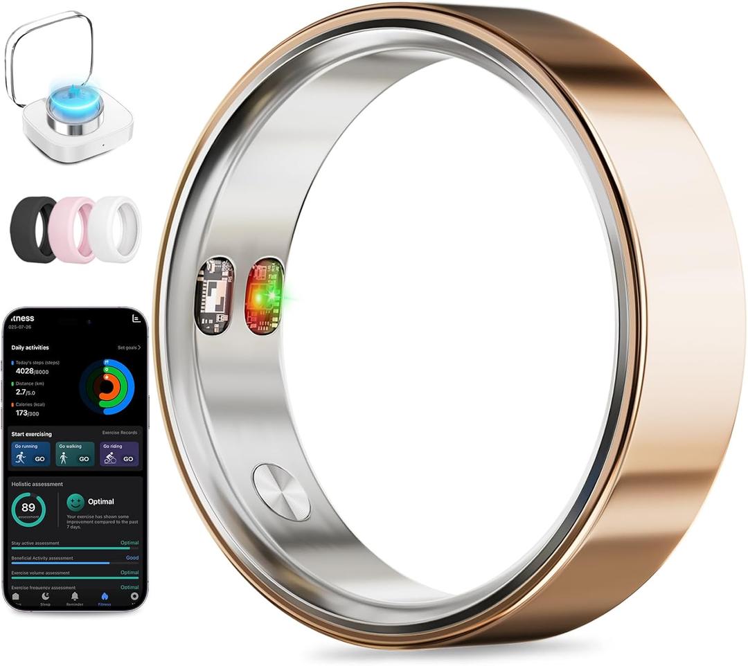 Smart Ring with Vibration Alerts, health tracker ring with Body Temperature Monitor, Heart Rate, Sleep & Fitness Tracking, Waterproof Activity Ring for Men & Women, No App Fees (Rose Gold, 8#)