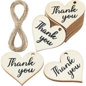 100 Pieces Thank You Tags Wood Thank You Gift Tags with String Heart Shape for Baby Shower Wedding Party Favor