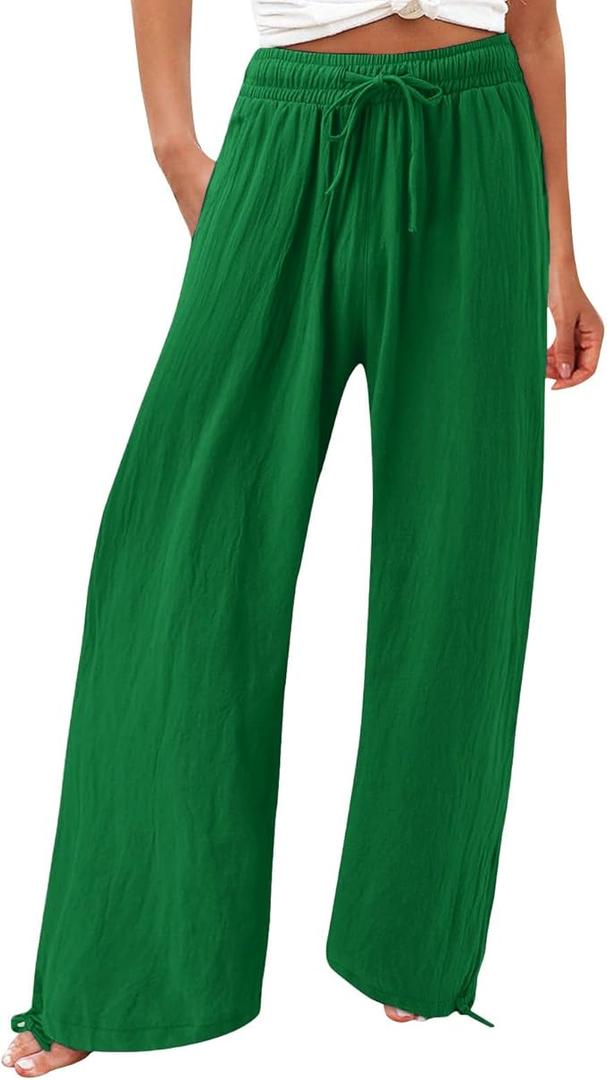Womens Elastic High Waisted Palazzo Pants 2024 Summer Trendy Casual Wide Leg Pant Long Lounge Trousers with Pocket (Small)