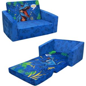 Foldable Kids Sofas Couch 2 in 1 Children Convertible Sofa to Lounger Flip Open Toddlers Sofa Bed (Dinosaur)