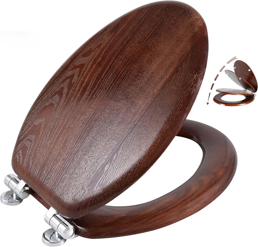 Angel Shield Elongated Wood Toilet Seat with Quiet Close,Easy Clean,Quick-Release Hinges(Elongated,Dark Walnut) (Elongated-18.5")