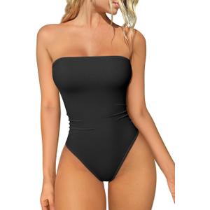 OQQ Womens Tube Bodysuits Strapless Basic Sleeveless Ruched Stretch Classic-Fit Tops Sexy Bodysuits (Large, Black)