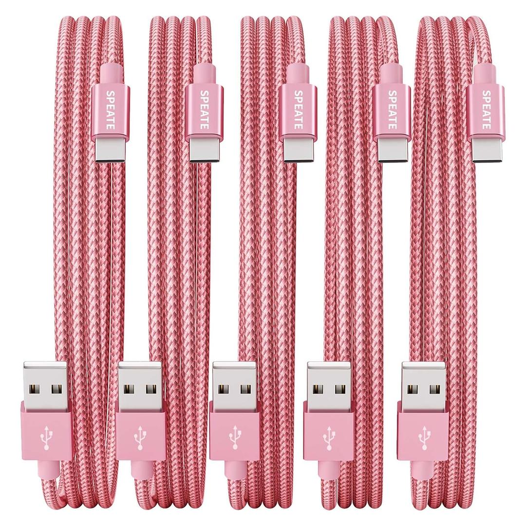 USB to USB C Cable (5-Pack, 3/3/6/6/10FT), USB A to Type C Cable, Fast Charging Nylon Braided Sync Transfer Cord USB C Charger for Phone 16/15/iPad, Galaxy S/Note/A, Pixel and More (Pink)