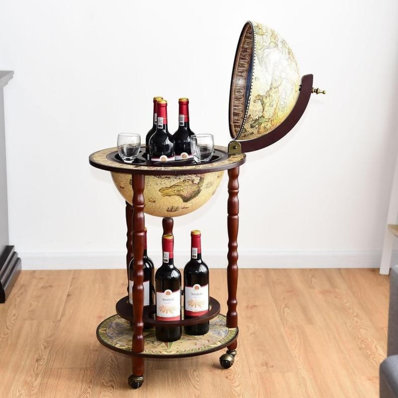 17" Italian Style Wooden Globe Liquor Bottle Wine Rack - 17.5" x 17.5" x 35" (L x W x H)