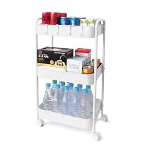 Metal Utility Cart with Wheels, Three Tier Rolling Cart Storage Organizer Trolley with Handle, Heavy Duty Mobile Shelving Units for Kitchen Home Laundry Office Art Bedroom Salon, White 