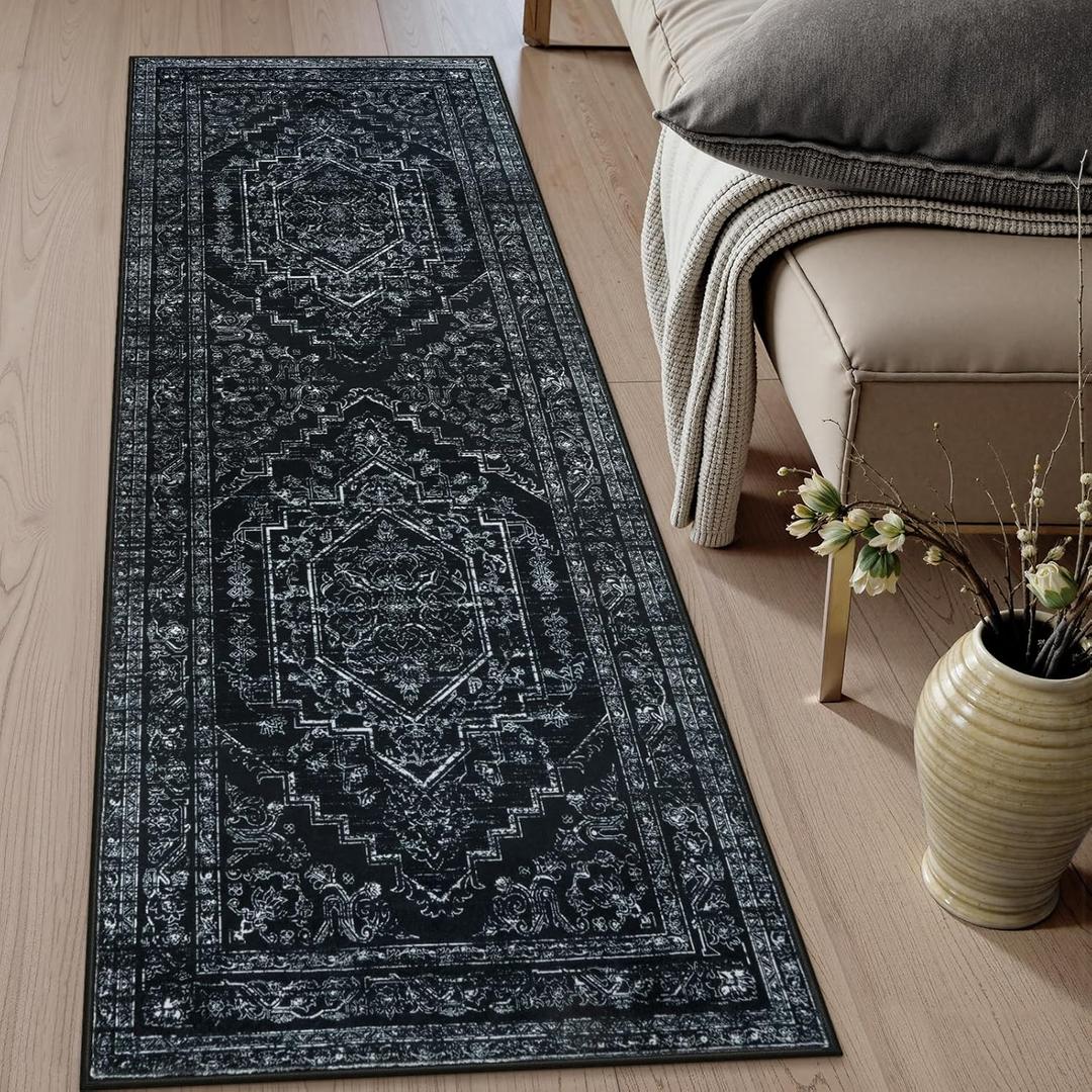 Uphome Washable Runners for Hallways, 2x6 Vintage Kitchen Runner Rug Non Slip, Farmhouse Soft Hallway Rug Runner Low Pile, Stain Resistant Entryway Carpet Runner for Laundry Bedroom Bathroom, Black