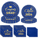 Blue and Gold Graduation Paper Plates and Napkins Serve 50, Polka Dots Graduation Decorations Class of 2026 Congrats Grad Decorations for College High School Grad Party Supplies