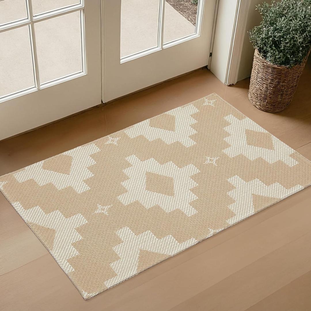 Door Mat Indoor 2x3 ft Rug, Boho Small Area Rug, Machine Washable, Non-Slip, Woven Design, Pet Friendly, Soft Faux Fibre, for Indoor Entryways, Front Doors, Khaki