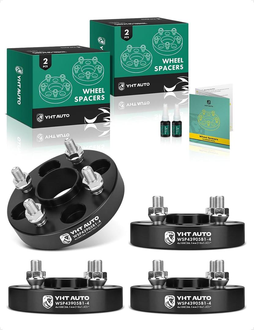 YHTAUTO 4X100mm Hub Centric Wheel Spacers 1 Inch Fits Honda Civic, Accord, Mini Cooper, Acura, Kia, Mitsubishi Model Wheel Tire Spacers w/ M12x1.5 Studs, 56.1mm Hub Bore 4 Lug 4PCS Black