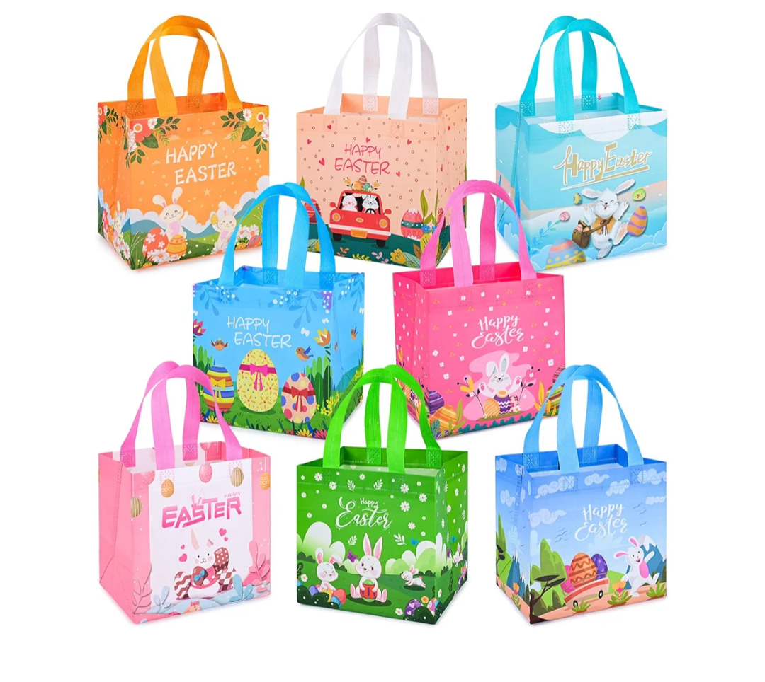 Iioscre 8 PCS Easter Gift Bags, Reusable Easter Basket with Handles, Non woven Treat Bags Tote Bags for Kids Easter Egg Hunt Game Party Supplies