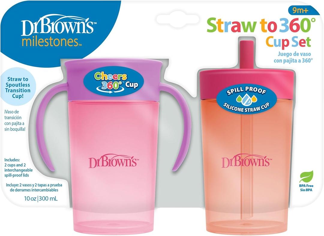 Dr. Brown's Milestones Straw to 360 Convertible Toddler Training Cup Set with Interchangeable Silicone Straw and 360 Degree Cup Lids, Pink Coral, 10 oz/300 mL, BPA-Free, 9m+, 2-Pack