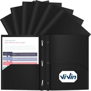 ViVin 12 Pack Plastic Folders with Pockets and Prongs, Heavy Duty 2 Pocket Folders with 3-Prong Fasteners, Poly File Holds 8-1/2" x 11" Paper for School Office Home (Black)