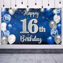 Happy 16th Birthday Decorations,16th Blue & Silver Balloon Large Birthday Banner Backdrop Sign,Cheers to Sixteen Years Old Bday Party Supplies.