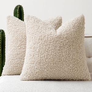 Woaboy Faux Fur Throw Pillow Covers 18x18 Inch Set of 2 Boucle Neutral Decorative Sherpa Fuzzy Accent Soft Sheepskin Fleece Cushions Modern Home Decor for Couch Sofa Bed Living Room,Beige
