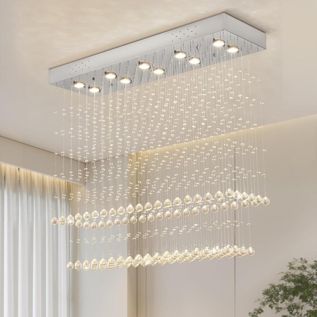Modern Crystal Chandelier 10-Light Raindrop Ceiling Light Fixture K9 Crystal Raindrop Chandelier Flush Mount Pendant Lamp Modern Ceiling Light for Diningroom Livingroom L47 x W12 x H35.5