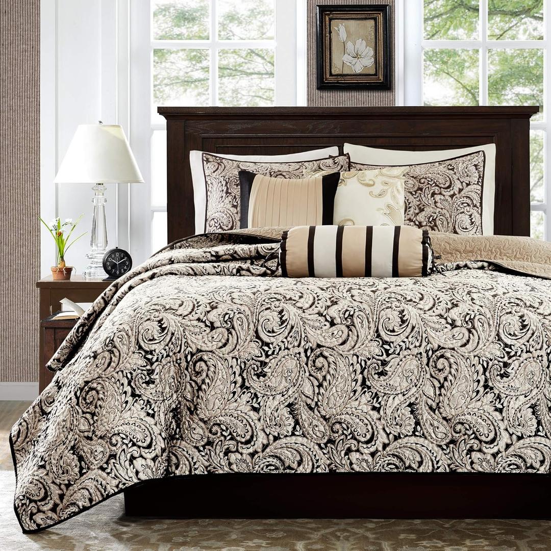 Madison Park Quilt Traditional Damask Design All Season, Lightweight Coverlet Bedspread Bedding Set, Matching Shams, Pillows, King/Cal King(104"x94"), Aubrey, Jacquard Paisley Black, 6 Piece