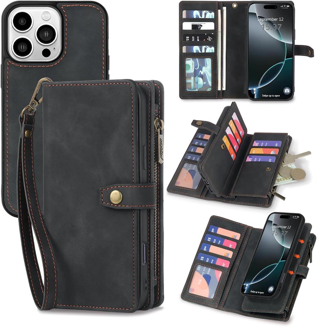 TwoHead Wallet Case Compatible with iPhone 16 Pro Max,Detachable Magnetic Phone Case,PU Leather All-Round Protective Case Wallet with Card Holder/Change Pocket,6.9 in,Black