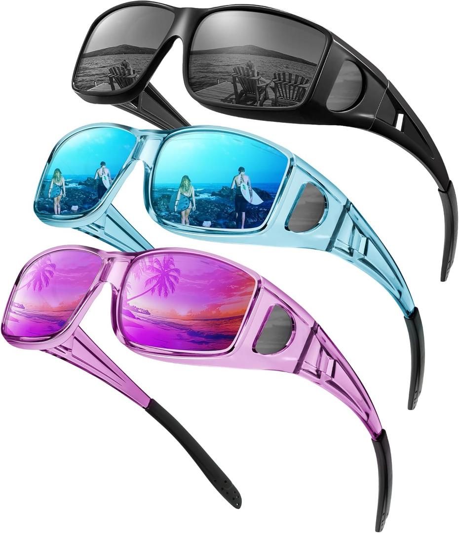 KALIYADI Sunglasses Fit-Over-Glasses Polarized Sunglasses-Men: Wrap Around Sun glasses Womens with UV Protection for Driving (B-glossy Black/Grey + Transparent Blue/Ice Blue + Transparent Purple/Purple) KALIYADI Sunglasses Fit-Over-Glasses Polarized Sunglasses-Men: Wrap Around Sun glasses Womens with UV Protection for Driving (B-glossy Black/Grey + Transparent Blue/Ice Blue + Transparent Purple/Purple)